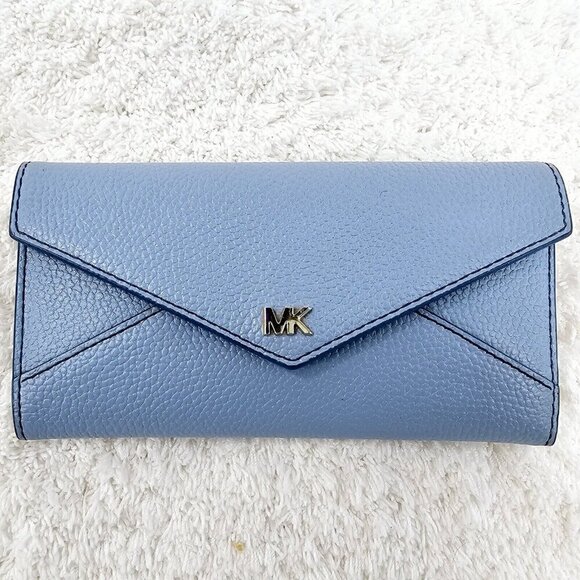 MICHAEL KORS Money Pieces Large Blue Pebble Leather Tri-Fold Envelope Wallet - Picture 1 of 16
